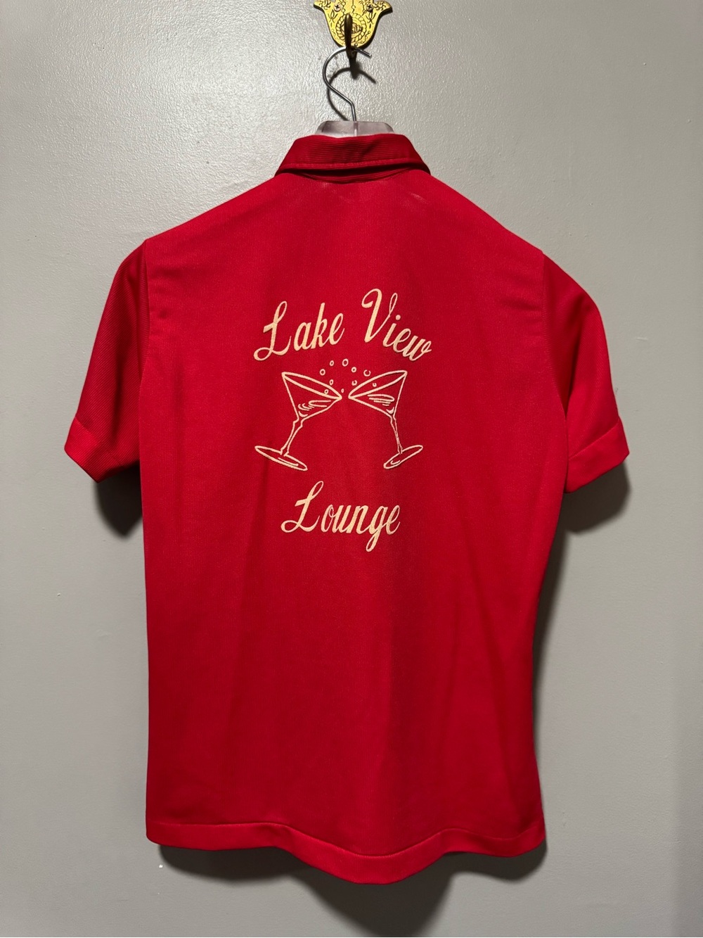 Vintage 70s Hilton Lake View Lounge Bowling Shirt Red USA Sally Size 38